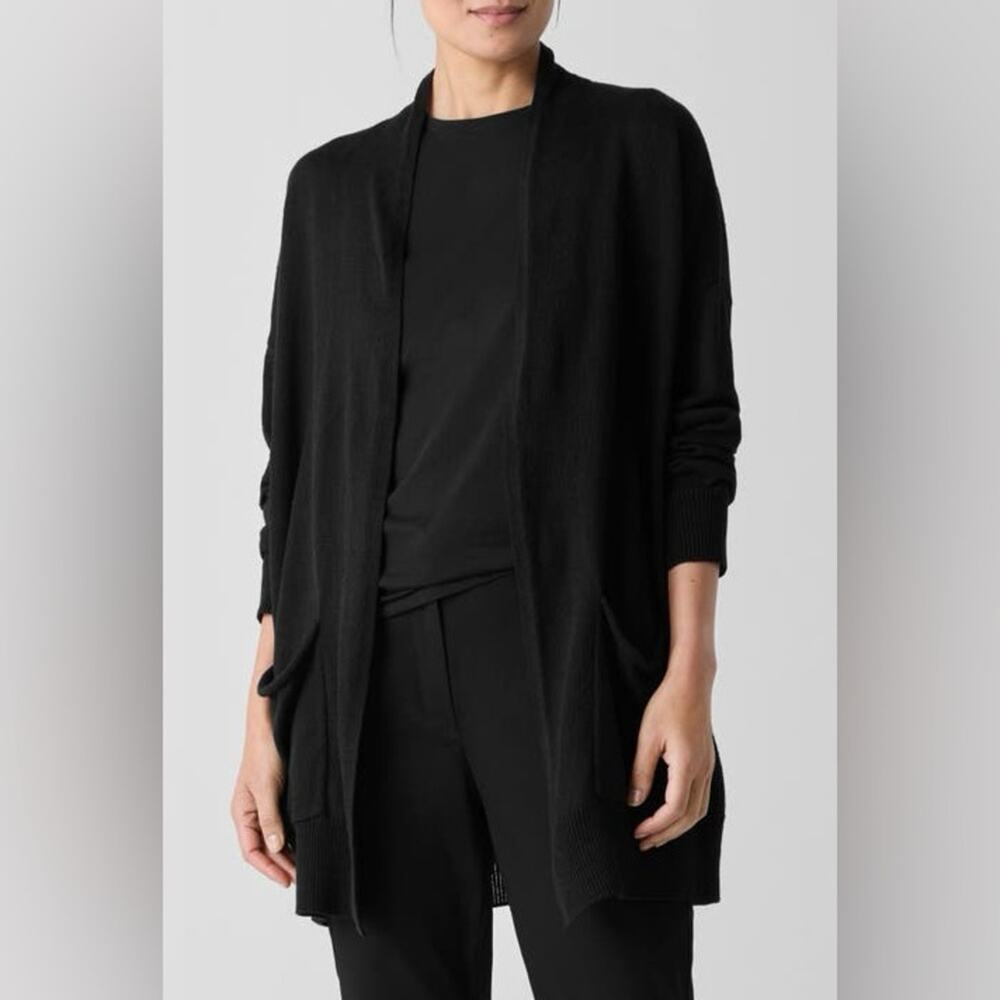 Eileen Fisher 100% Merino Wool Black Single Button Cardigan Sweater Size Medium